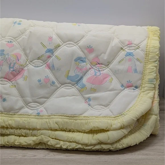 Vintage Baby Crib Blanket Dutch Kids Windmill Print 48x36 Yellow Ruffle Trim