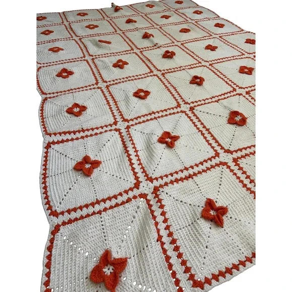 Handmade Crochet Bedspread 61x87 White Orange 3D Floral Granny Square Retro‎