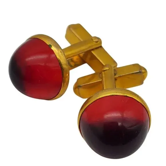 Swank Blood Red Dome Cufflinks Lucite Gold Tone Round Retro Mens Suit Accessory