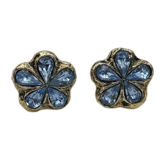 Vintage Blue Teardrop Rhinestone Flower Gold Tone Cufflinks Groovy Retro Funky