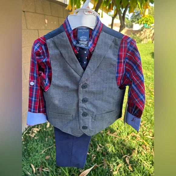Nautica Kids Gray Vest with Red Plaid Shirt and Navy Tie