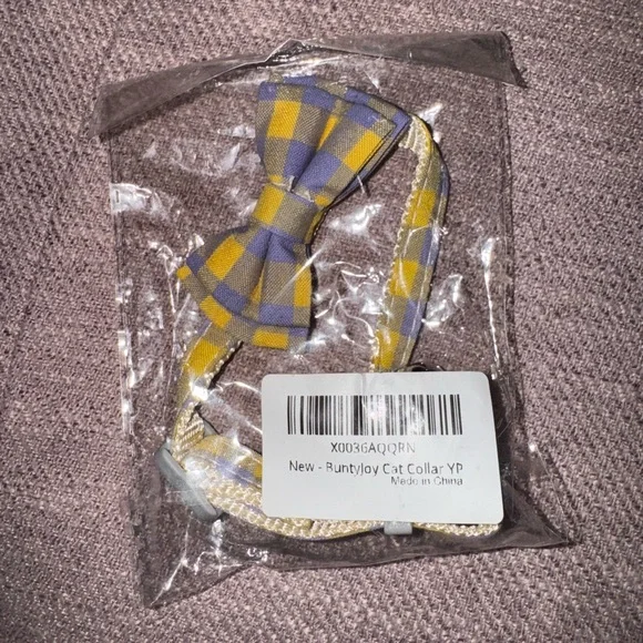 🎀🐱 Bow Tie Bell Small Cat Collar Yellow and Purple Plaid for Kitty NEW