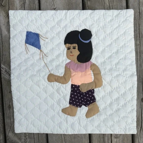 Appliqué Quilted Homemade Pillow Cover Girl Kite Unique Cream Zip Closure 16x16