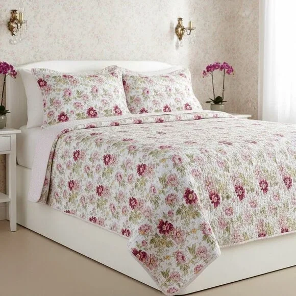 VTG Laura Ashley Reversible Floral Quilt Bedspread Coverlet Queen Cottage Boho
