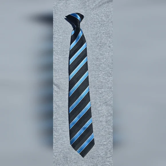 Boy's George Black Clip On Tie w/ Blue and White Stripe Pattern