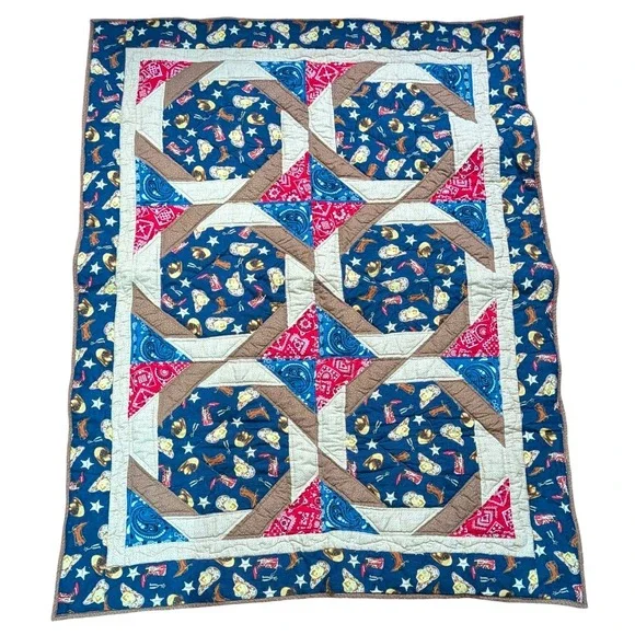 Handmade Western Cowboy Patchwork Quilt Navy Blue Red Bandana Nursery 36x47
