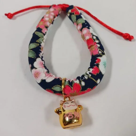 Pet Collar Japanese Style Handmade with Bell Flower Print Adjustable Necklace Co