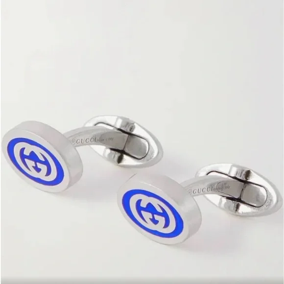 New Gucci Sterling Silver Interlocked G Blue Enamel Double G Logo Cufflinks