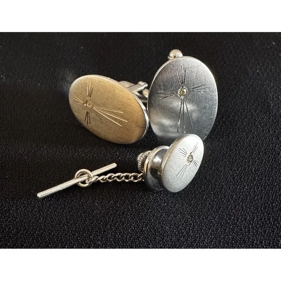 VTG Anson Cufflinks And‎ Tie Tack Sterling Silver And Diamond Cross Oval Shape