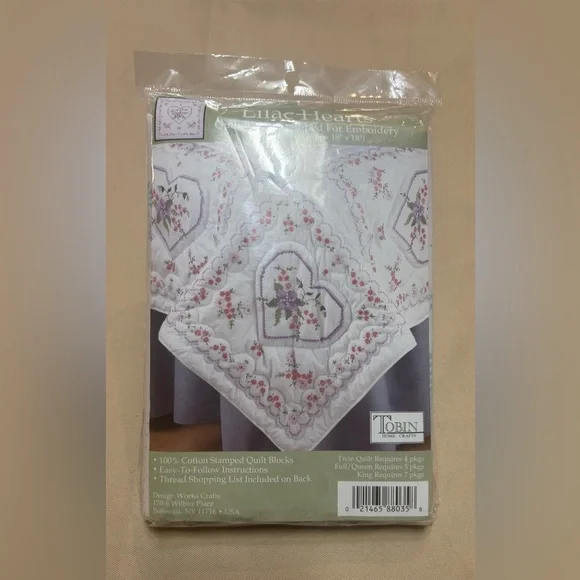 NEW TOBIN STAMPED FOR‎ EMBROIDERY LILAC HEARTS QUILT BLOCKS