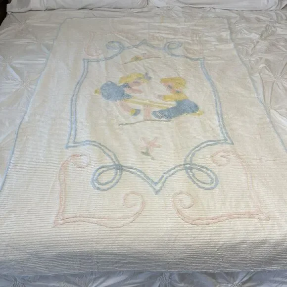 Vintage Antique 41” x 64” Chenille Blanket Baby Crib Boy Girl Teeter Totter Rare