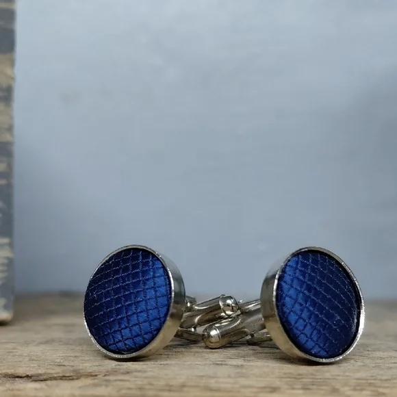 Vintage Silver And Blue Fabric Cuff Links