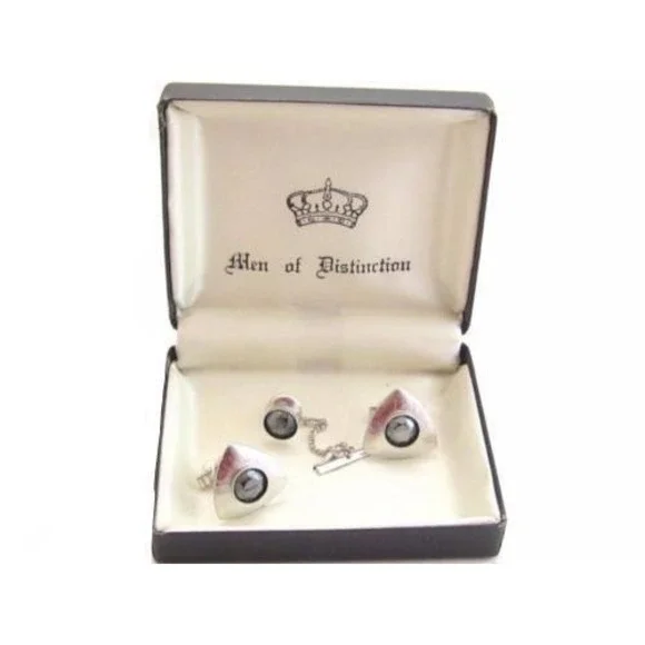 Vintage Men Of Distinction Silver‎ Tone Hematite Triangle Shape Cufflinks*L17