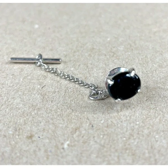 Vintage Black Stone Tie Tack Lapel‎ Pin Style Suit Accessory Silver Tone