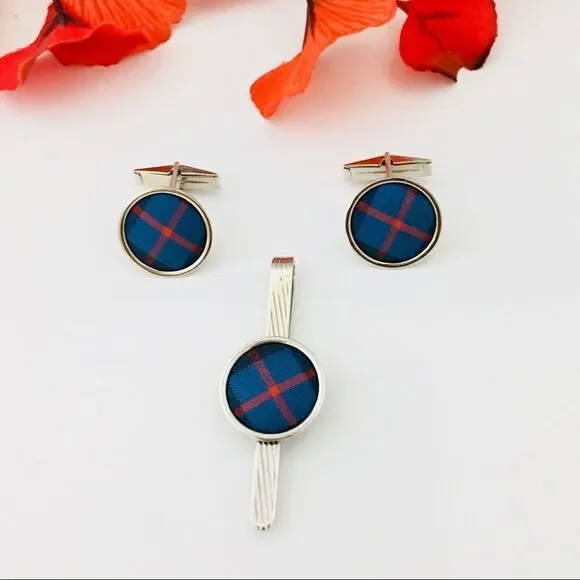 Vintage Cufflinks Tie Bar Clip Silver Blue Red Plaid fabric 1056
