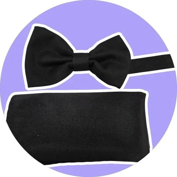 Kids Black Bow Tie and Pocket Square Set