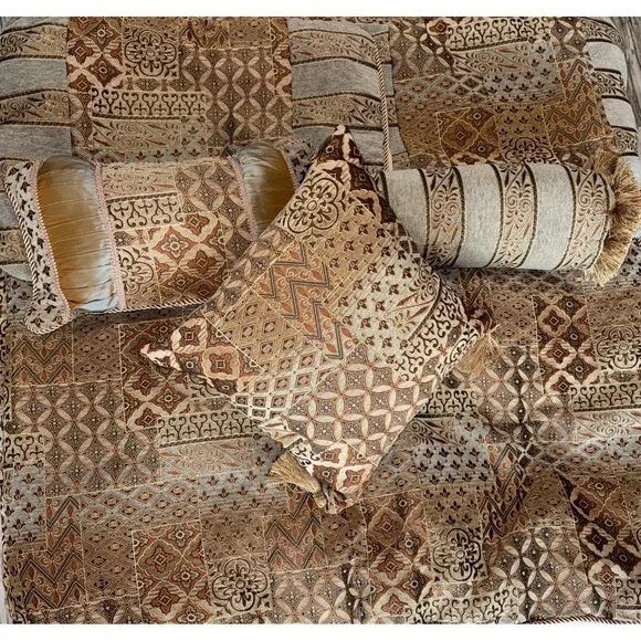 Vintage Brocade Fabric Bedspread Queen Shams Decorative Pillows Gold Tan Browns