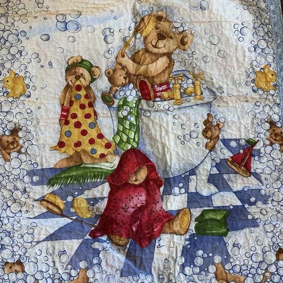 Vintage Teddy Bear Bath Time Theme Quilt Crib Blanket‎ Reversible 32