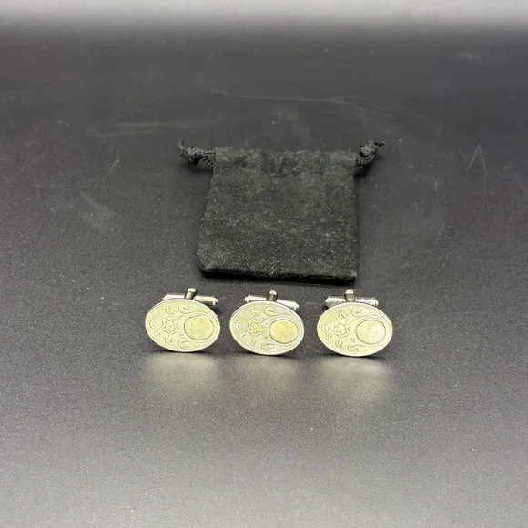 Vintage Rose Floral Etched Cufflinks Set of 3 Silver Tone Oval Engraved Prom