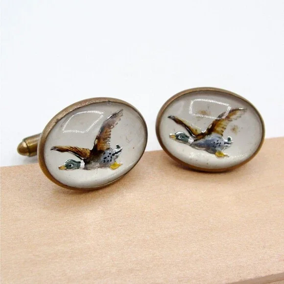 Vintage Hallcroft Cufflinks Reverse Carved Painted Intaglio Mallard Duck Flying