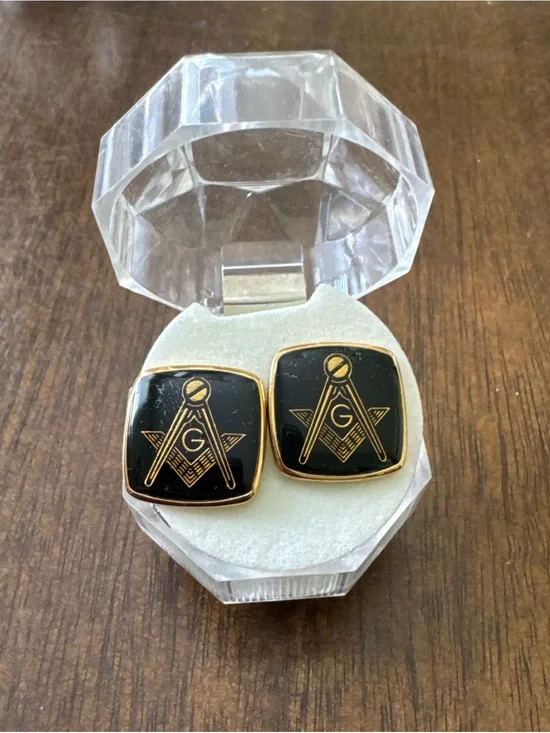 MASON MASONIC CUFFLINKS LINKS COMPASS FREEMASONS MENS Gold tone & Black Square