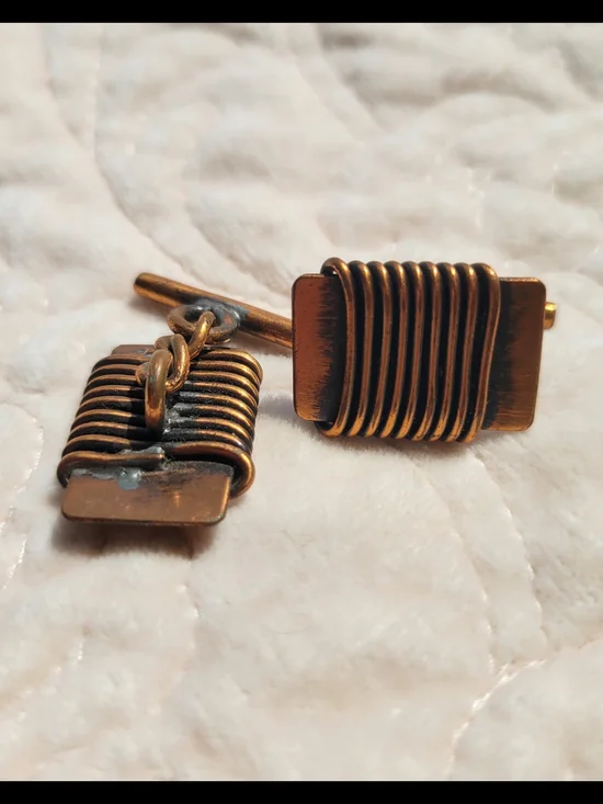 PEDRO PUJOL Signed Artisan Men's Copper Square Wrapped Wire Cufflinks VintageI