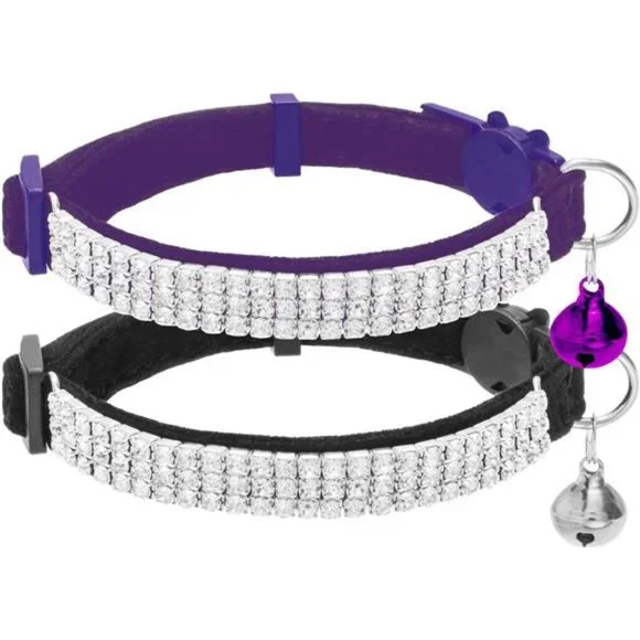 Soft Velvet Safe Cat Collars for Girl Cats -2 Pack Rhinestones Bling Diamante