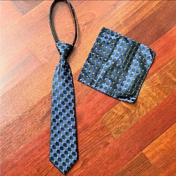 Boys Silk Zipper Tie With Pocket Handkerchief Blue Black Geometric
