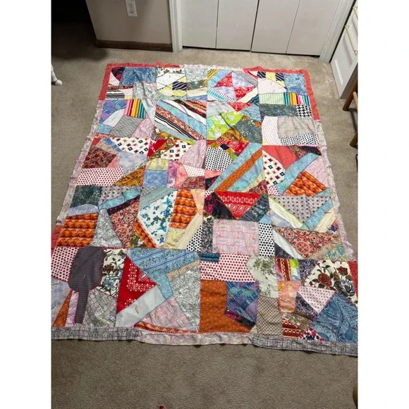 Vtg 70's Handmade Polyester Crazy Multi Color Patchwork Quilt Double Knit 66x86