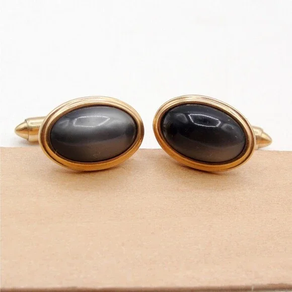 Vintage Krementz Gold Overlay Hematite Cufflinks Oval Cabochon Grey Stone MCM