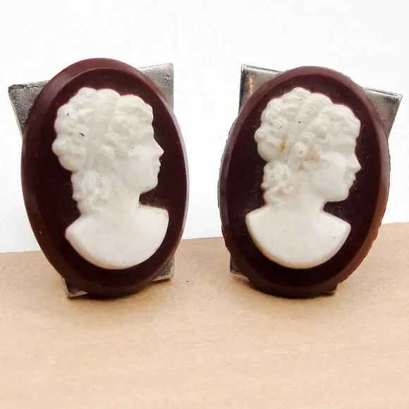Vintage Silver Tone Victorian Goddess Lady Cameo Cufflinks Brown White MCM
