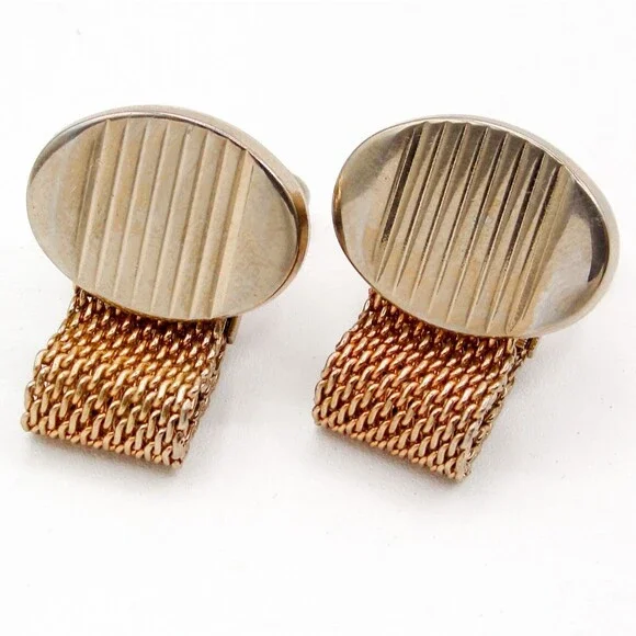 Vintage Oval Striped Lined Gold Tone Mesh Wrap Around Cufflinks Ribbed Retro MCM