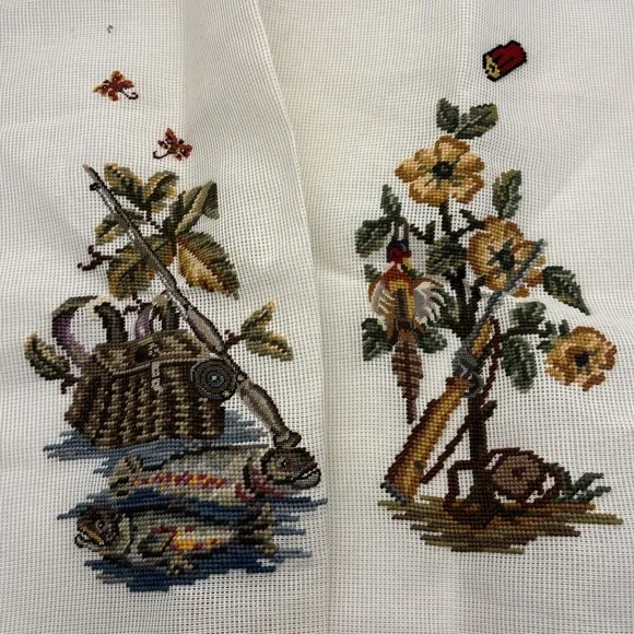 Vintage needlepoint embroidery fishing tackle hunting quail unfinished