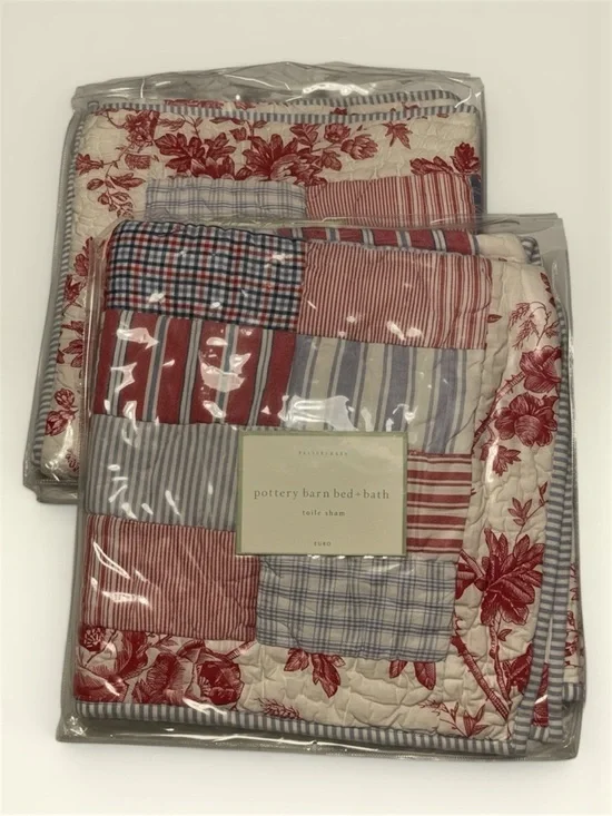 Pottery Barn Red, Blue & Cream Patchwork Quilted Shams (2) 26x26 Americana Vibes
