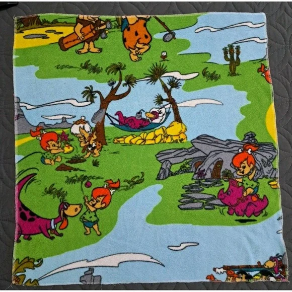 27x26 Vintage Fabric‎ Cotton Scenic Bedrock Bowl Flintstones Family Dino Cartoon