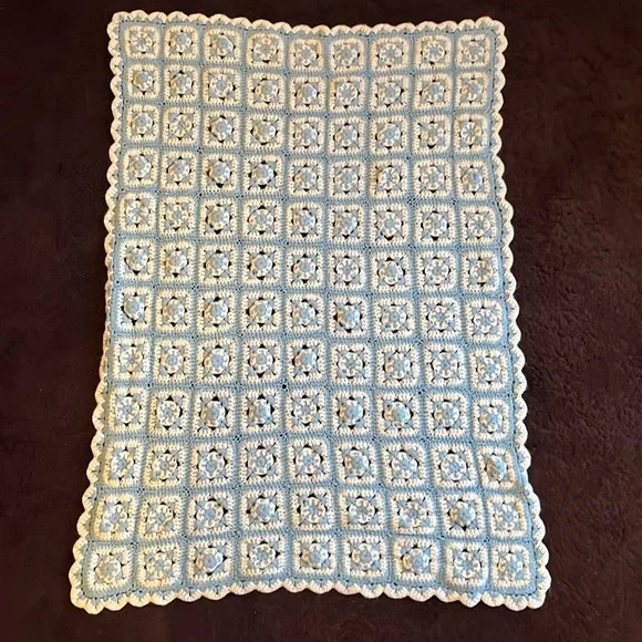 Hand Crochet Baby Blanket Blue White Nursery, Dolls