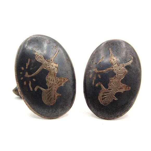 Vintage Sterling Silver SIAM Niello Cufflinks Mekkala Goddess Thai Dancer Black