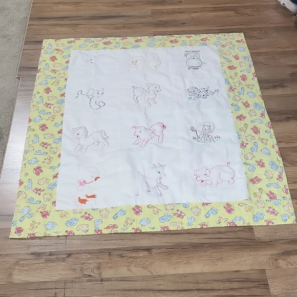Handmade Yellow White Embroidered Animal Baby Quilt Blanket