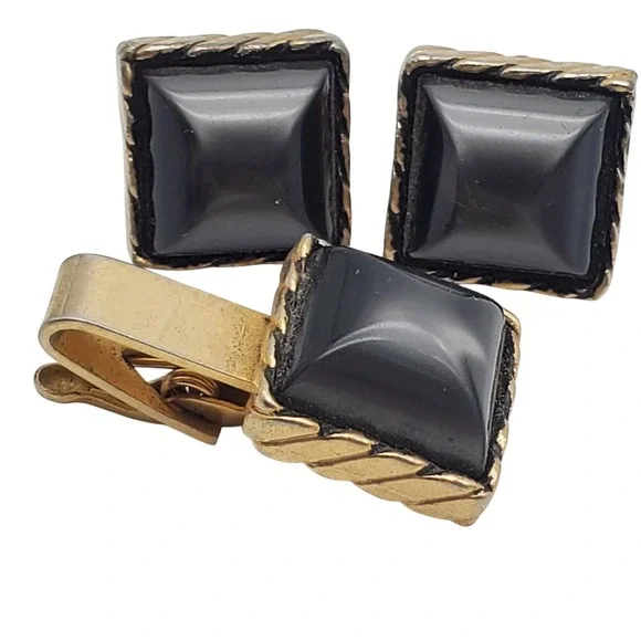 Dark Gray Square Cufflinks & Tie Clip Gold Tone Bar Clasp Faux Moonglow Vtg Set