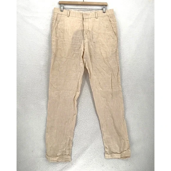 Baird McNutt Mens Beige Linen Murano Alex Fit Straight Leg Pants Sz 35x33