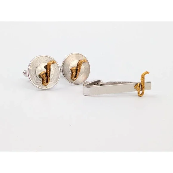 VTG 1950s Shields Saxophone Cufflinks &‎ Tie Clip Set Jazz Musician Novelty