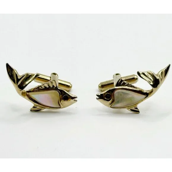 Vintage Gold-tone Fish Cufflinks Mother‎ of Pearl Red Crystal Eyes
