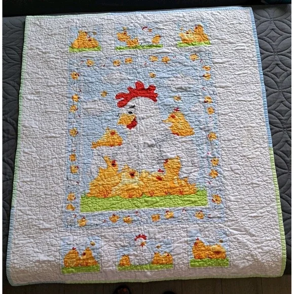 Vintage Hens And Chickens‎ Throw Quilt Hand quilted 38x33