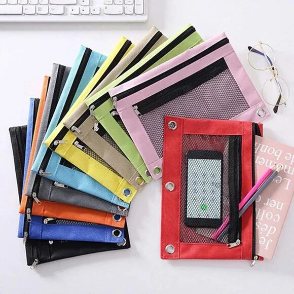 5 pc Pencil Pouches 3 Ring Double Zipper Cosmetic Bag Assorted colors