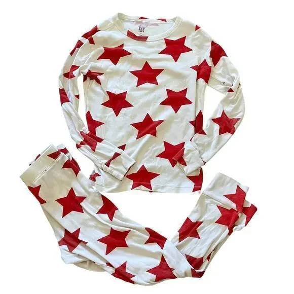 Gap Kids Red Star Two-Piece White Cotton Unisex Pajamas Youth Size 10