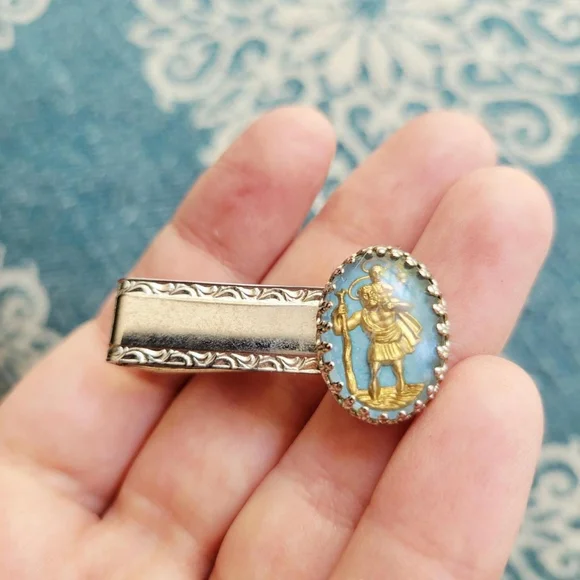 *RARE* Vintage Saint St Christopher Baby Blue, Gold, & Silver Oval Tie Clip