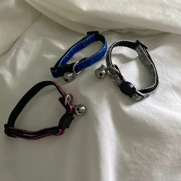 3 extra small cat/dog collar with Bells. Glittery bling. Blue, silver, hot pink