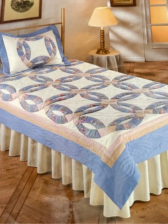 American Pacific Blue Cream Country Classics Wedding Ring Patchwork King Quilt