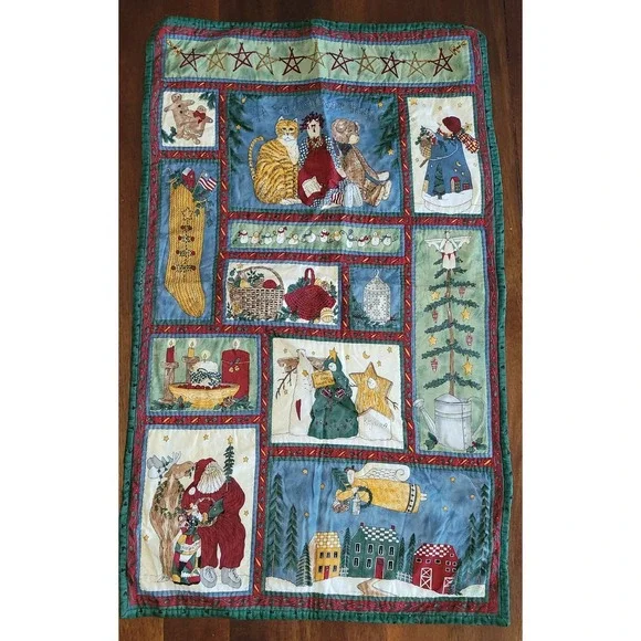 Patchwork Christmas Quilt Multicolor‎ Holiday Handmade Bedding 34x21 inches