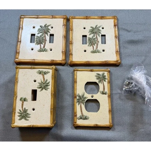 Raised Palm Tree & Bamboo Plates 4 Singles 2 Doubles 1 Outlet (Plastic)